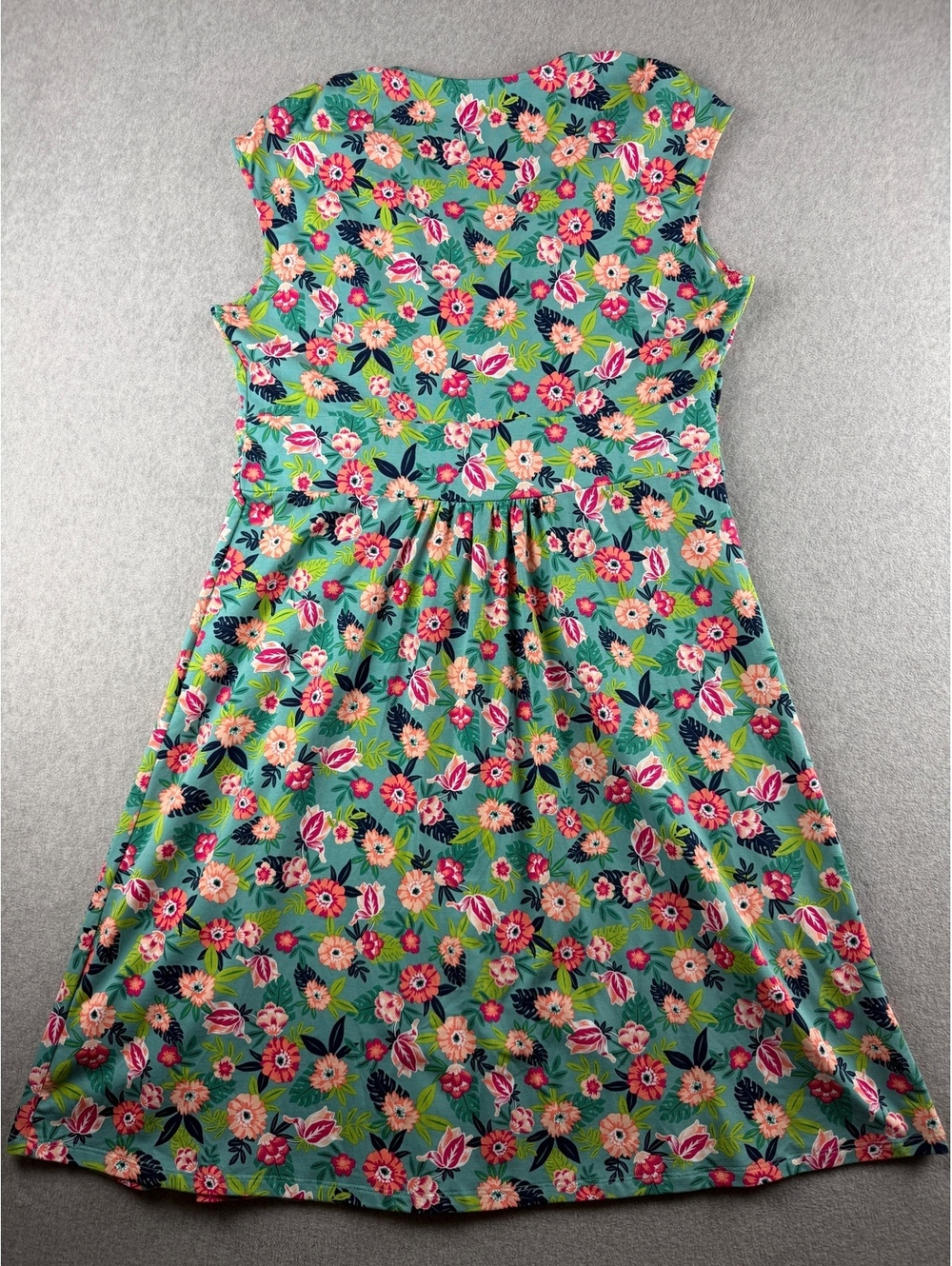 Lands' End Floral Faux Wrap Dress XL 18 Green Side Knot Fit Flare Midi